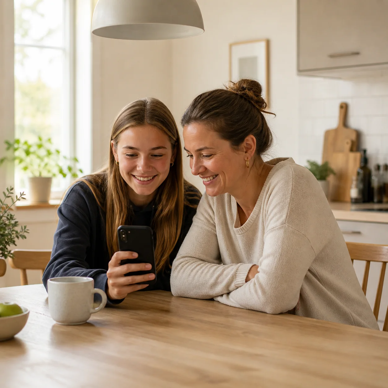 Mamma och dotter tittar tillsammans i mobilen i ett varmt kök