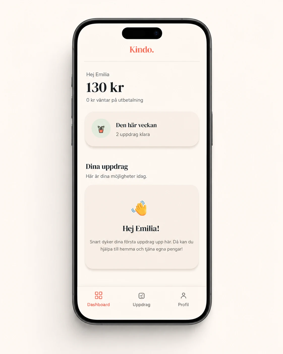 Kindo appvy med ungdomens dashboard