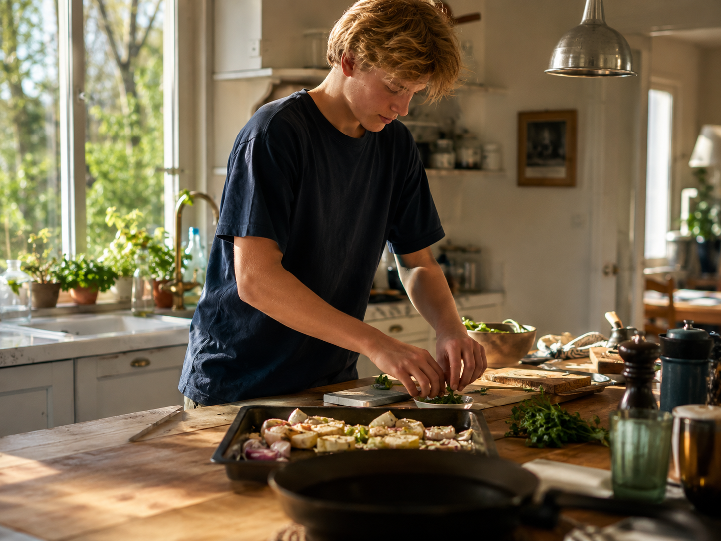 Ung kille lagar mat i köket