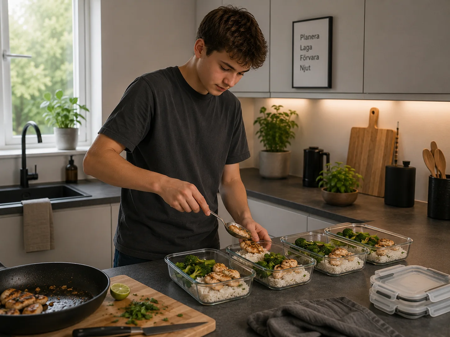 Ungdom som gör matlådor i ett skandinaviskt kök